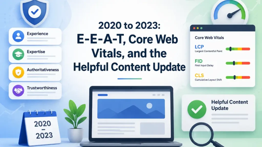 2020 to 2023: E-E-A-T, Core Web Vitals, and the Helpful Content Update